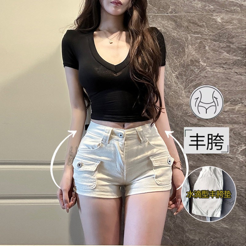 辣妹米白丰胯低腰牛仔短裤2026年夏季新款修身显瘦百搭工装热裤子图片