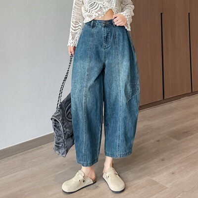超好看廓形牛仔气球裤女分灯笼裤