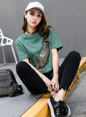 短袖t恤女宽松韩版学生百搭2020中长款清新个性条纹白色打底衫潮