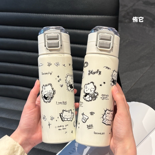 侑它涂鸦小猫保温杯女生高颜值学生水杯不锈钢保温杯吸管杯便携