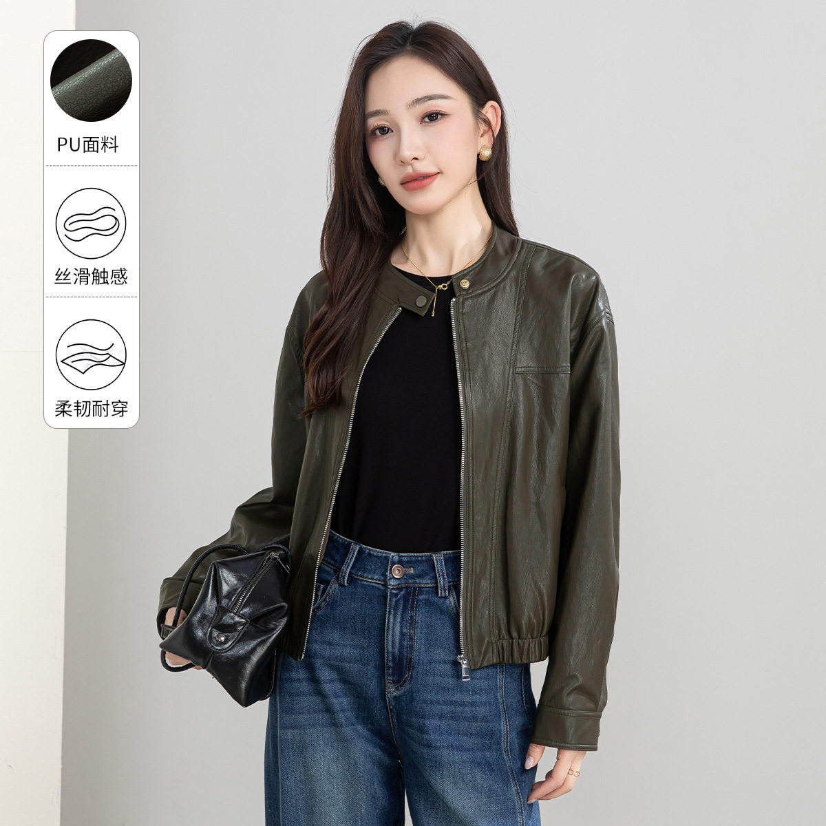 鑫阁早秋复古墨绿皮衣女短款宽松皮衣
