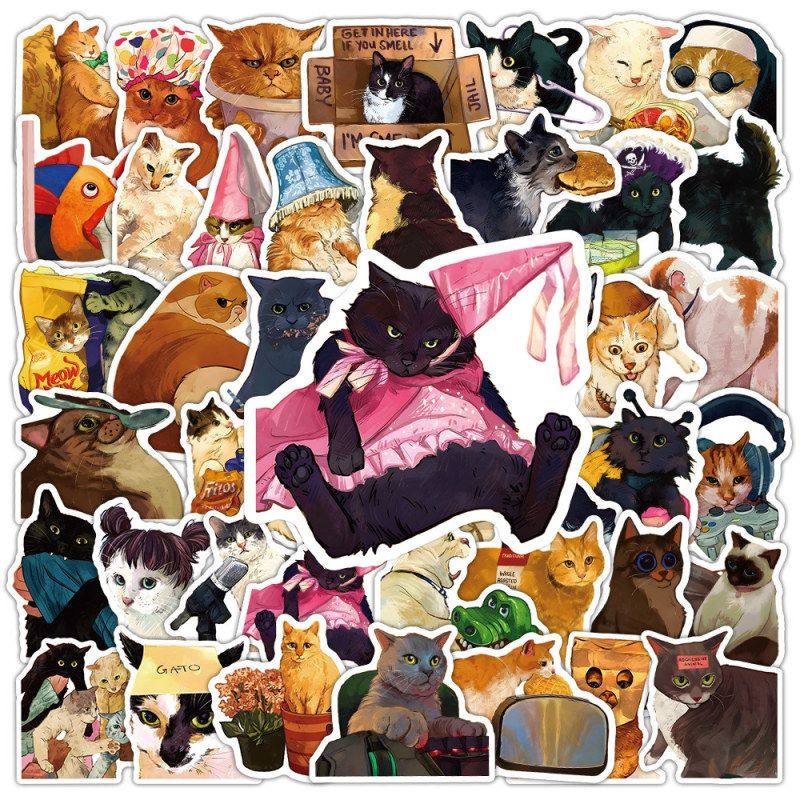 53张抽象猫咪表情包头像贴纸包猫咪的生活美术油画风行李箱笔记本