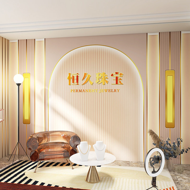 3d直播间豪华背景墙纸金属线条装饰女装服装店石膏线网红壁纸