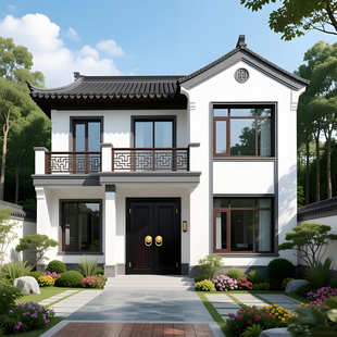 新中式农村自建房二层别墅设计施工图纸两层楼房效果图全套水电