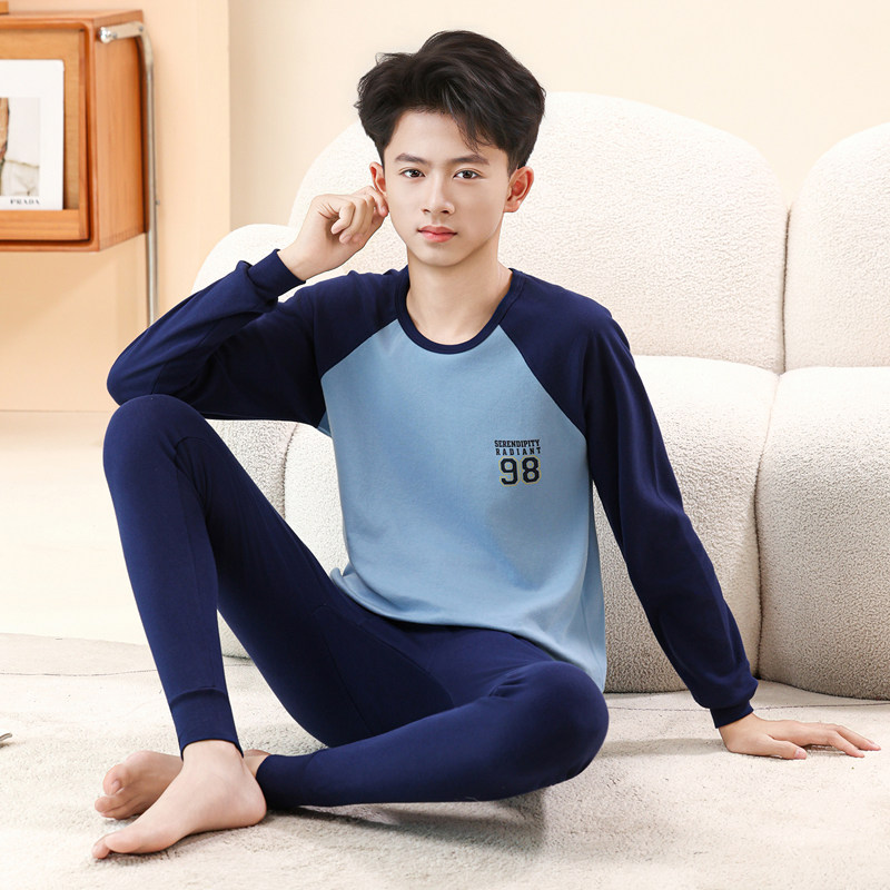 青少年纯棉秋衣秋裤男童保暖内衣套装初高中学生薄款长袖打底秋冬