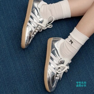 adidas三叶草SAMBA马思纯同款金属银色裂纹皮革德训鞋T头鞋JR0035