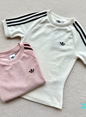 Adidas三叶草女子毛巾绒撞色三条纹运动圆领短袖T恤KD1411 KD1410