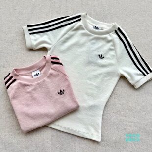 Adidas三叶草女子毛巾绒撞色三条纹运动圆领短袖T恤KD1411 KD1410