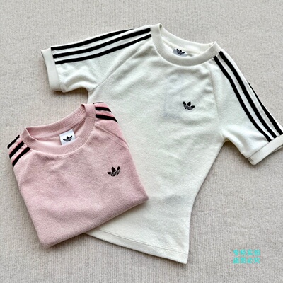Adidas三叶草女子毛巾绒撞色三条纹运动圆领短袖T恤KD1411 KD1410