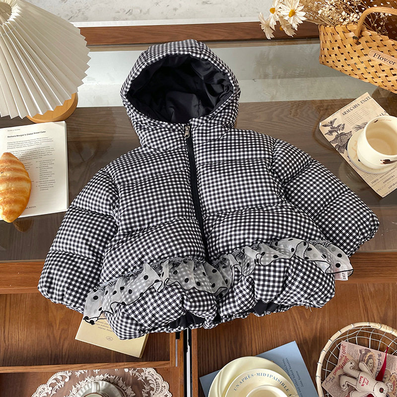 【现货】DW259792儿童羽绒服2026冬季黑格连帽网纱拼接女童羽绒服