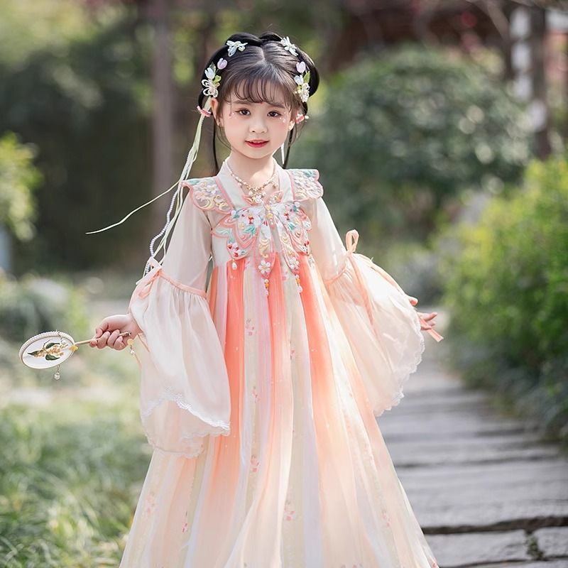女童古风汉服连衣裙春秋新款粉色