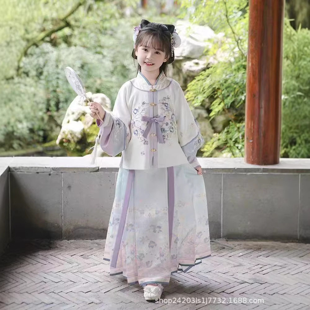 新款女童汉服春款女童古风马面套装春秋儿童中国唐装明制秋月套装