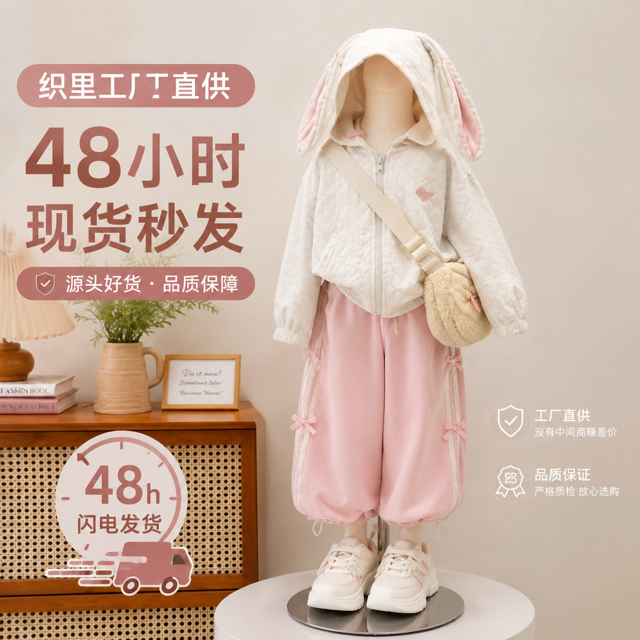 早秋女童兔耳朵连帽外套 蕾丝花边提花卫衣开衫 织里档口软萌现货