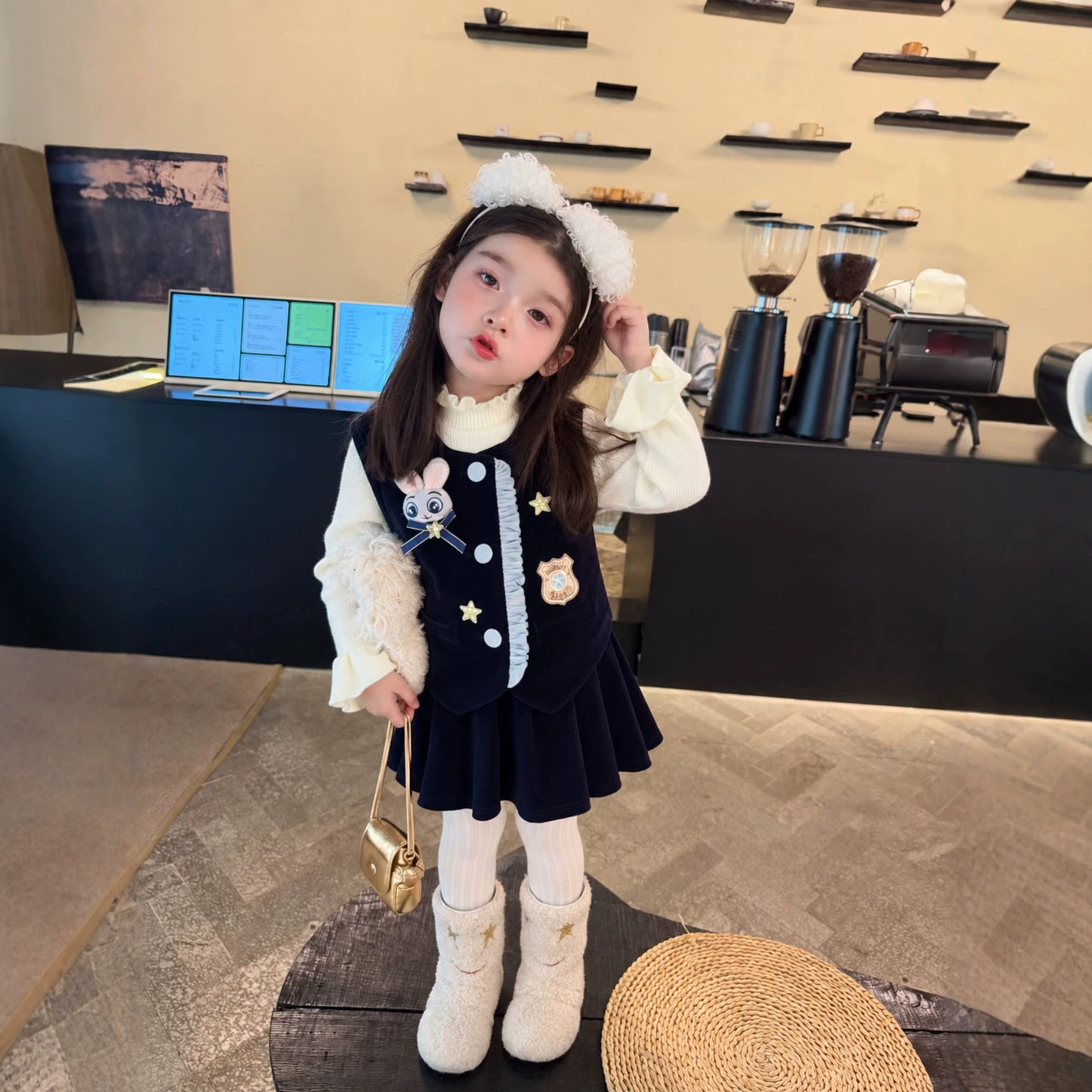 女童加厚套装冬季2026新款儿童卡通夹棉马甲半裙三件套女宝宝冬装