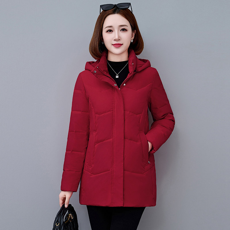 鄂绒丝羽绒服女冬中长款时尚洋气妈妈中年白鸭绒保暧连帽大码外套