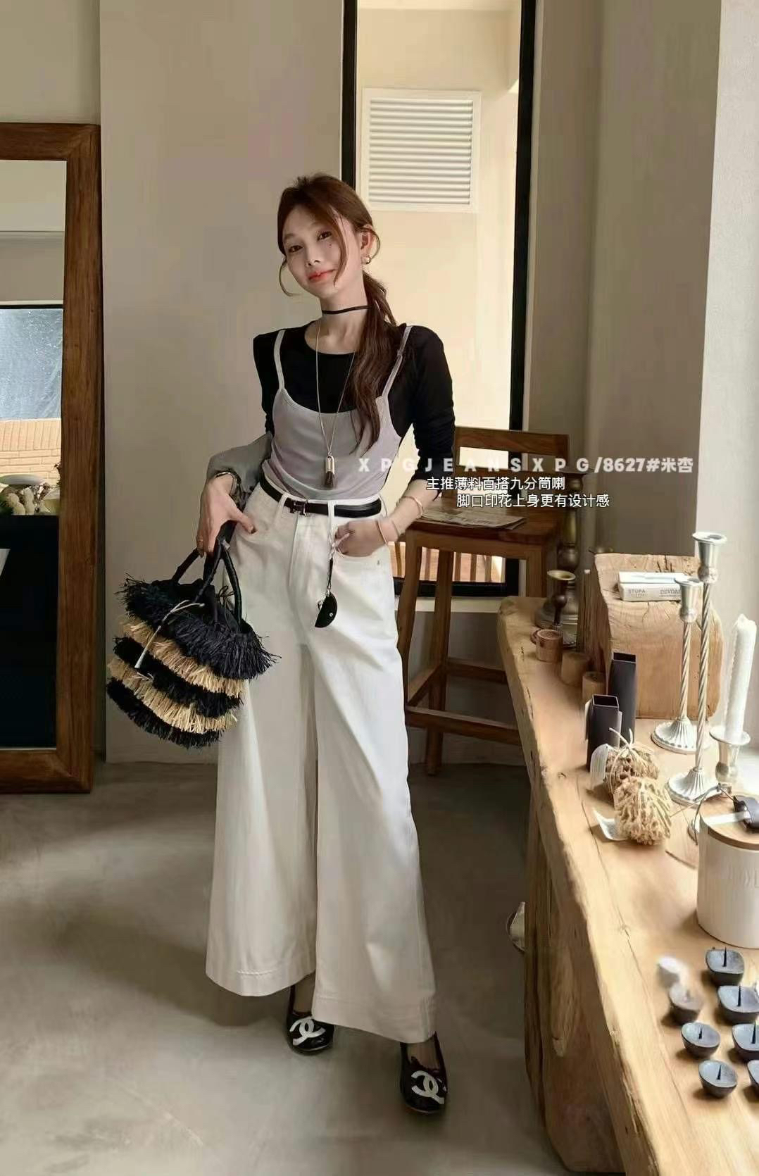 【XPG】欧货2025高定薄款白色微喇叭九分牛仔裤女直筒休闲弹力裤