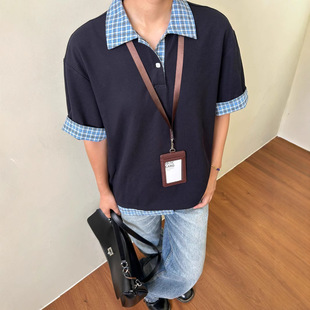 miu系 MADEEXTREME 藏蓝色假两件拼接透气格纹polo领短袖 衬衫 t恤