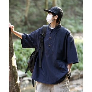 polo衫 户外休闲工装 日系复古短袖 男夏季 衬衫 宽松潮牌痞帅半袖
