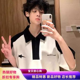美式 学生青少年高中男生t恤pro 校园拼接polo衫 半拉链正肩短袖