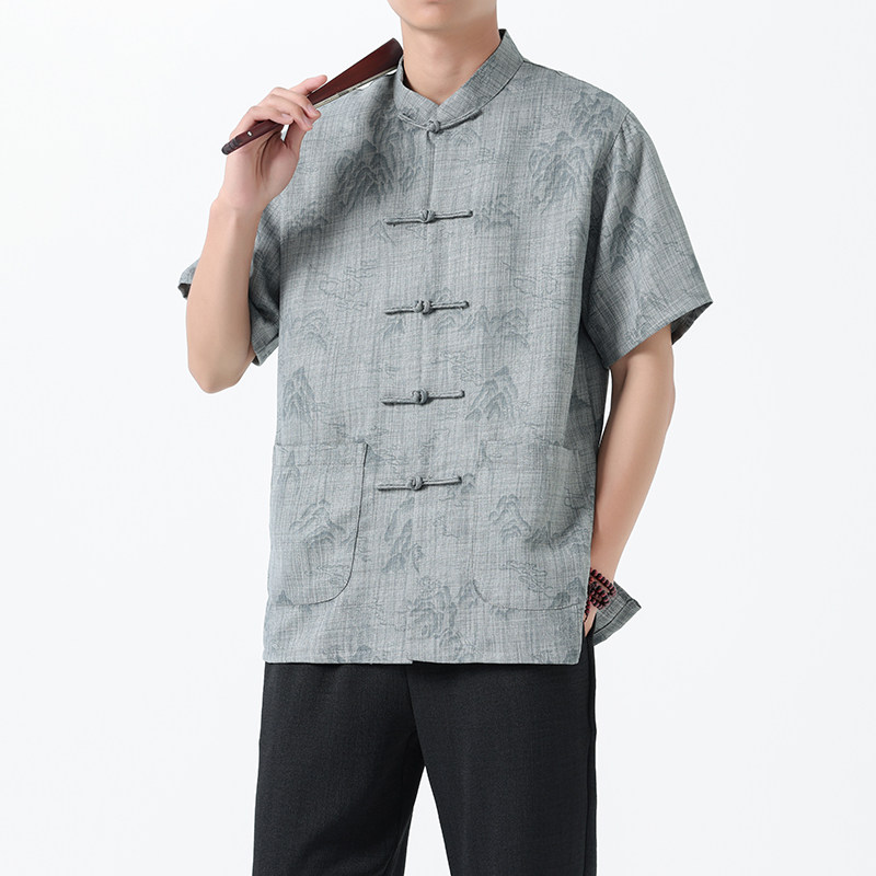 D4206^夏季风半袖男上衣 新中式男士衬衫 唐装一字扣短袖T图片