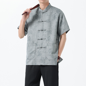D4206^夏季风半袖男上衣 新中式男士衬衫 唐装一字扣短袖T图片