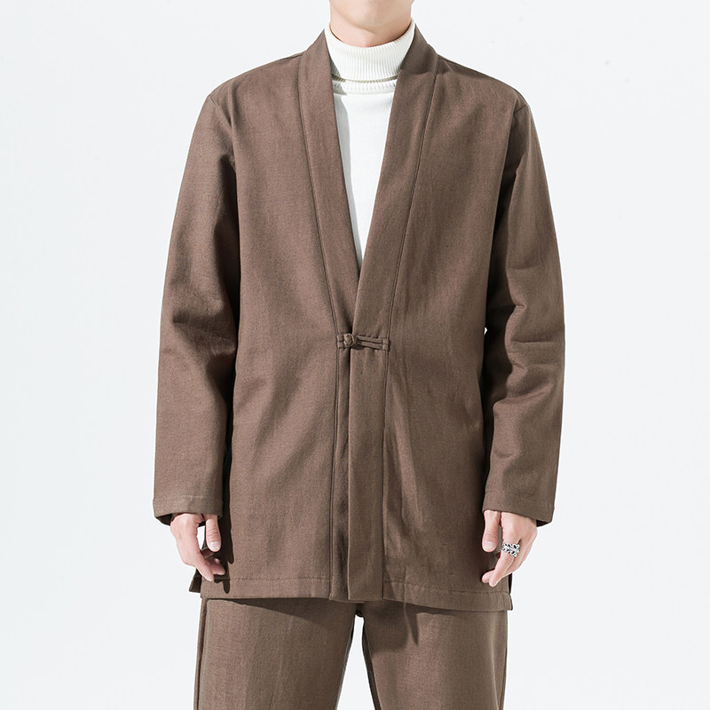 2165^加厚加绒民族风外套开衫原创风亚麻棉道袍外套汉服,男装民族服装,钱塘777(原3023)