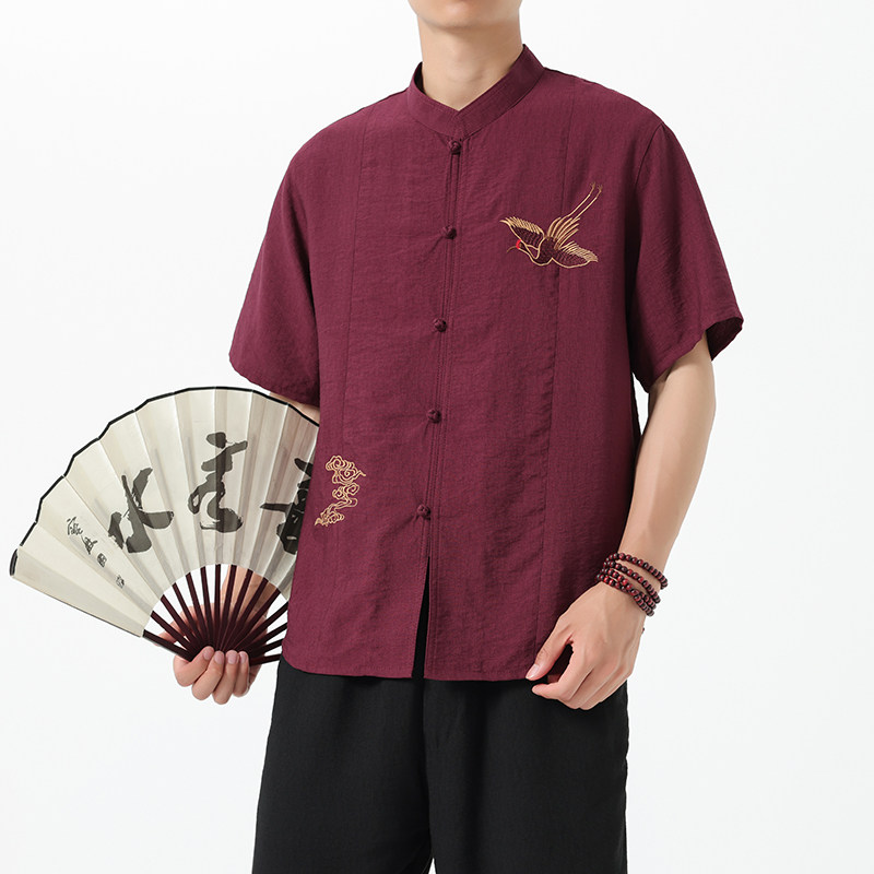 T827^新款新中式高品质锦棉衬衫盘扣短袖T风半袖男上衣,男装衬衫,钱塘777(原3023)