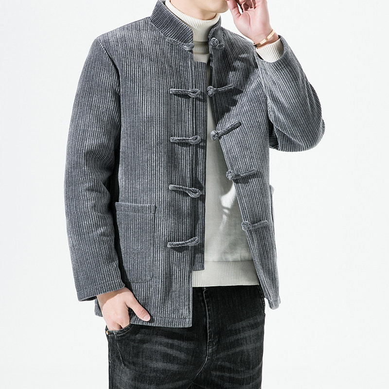 0988^风羽绒服男条绒立领中式加厚保暖冬季外套,男装羽绒服,钱塘777(原3023)