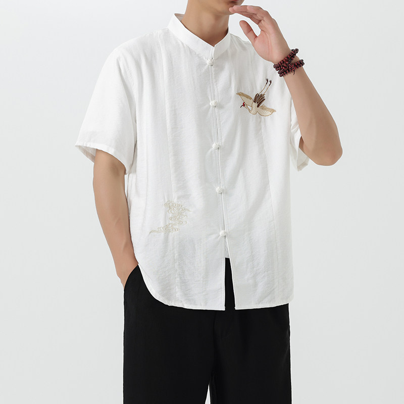 T827^原创高品质新中式立领男款衬衫盘扣短袖T风半袖男上衣,男装衬衫,钱塘777(原3023)