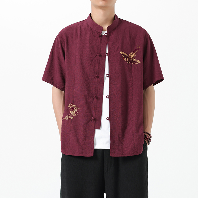 T827^新款新中式高品质锦棉衬衫盘扣短袖T风半袖男上衣，男装衬衫，钱塘777(原3023)