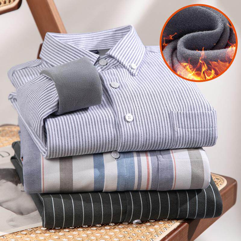 三顺纯棉加绒衬衫男士牛津纺加厚保暖秋冬季一体绒青年加大码衬衣