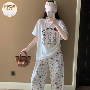 夏纯棉带胸垫短袖 2025新款 KT猫卡通睡衣女款 长裤 可外穿网红款 套装