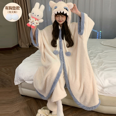 冬季睡衣女款睡袍斗篷加厚珊瑚绒