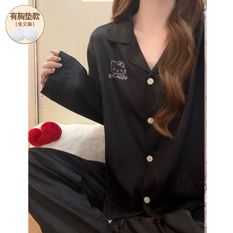 黑色KT猫睡衣女春夏季仿真丝绸冰丝2026新款长袖带胸垫套装可外穿,女士内衣/男士内衣/家居服,睡衣/家居服套装,淘宝优惠券,粉丝福利购,淘宝优惠卷