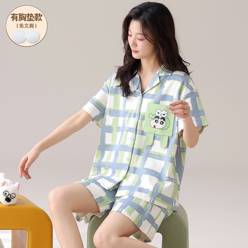 睡衣女款夏纯棉带胸垫短袖可外穿