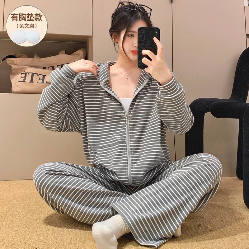 2025新款德绒带胸垫秋冬季睡衣女款拉链连帽长袖加厚保暖套装大码