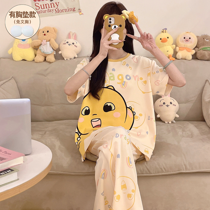 睡衣女款夏带胸垫纯棉短袖可外穿