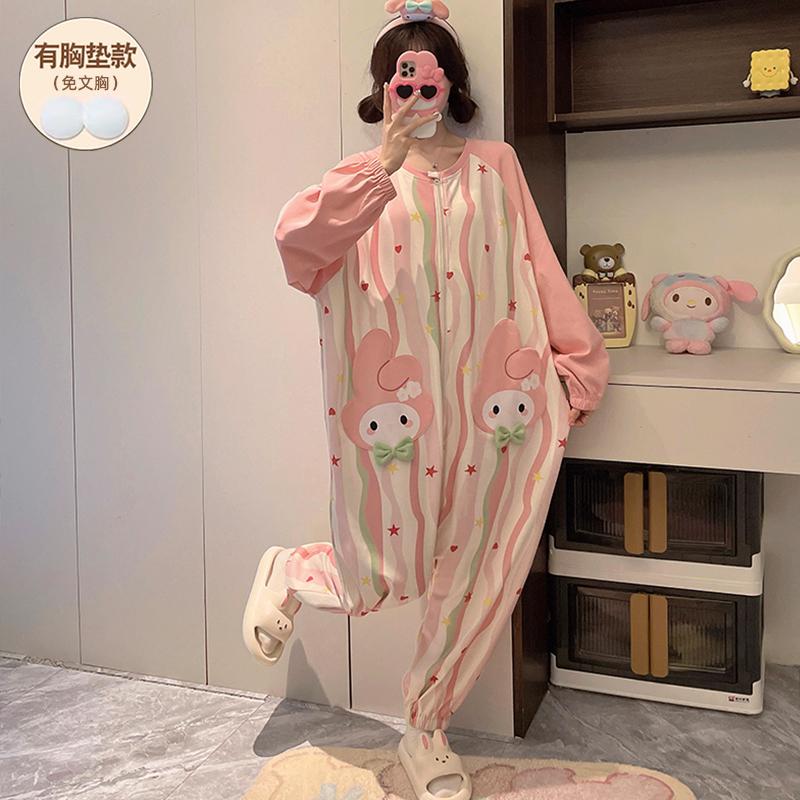 连体睡衣女春秋长袖带胸垫纯棉