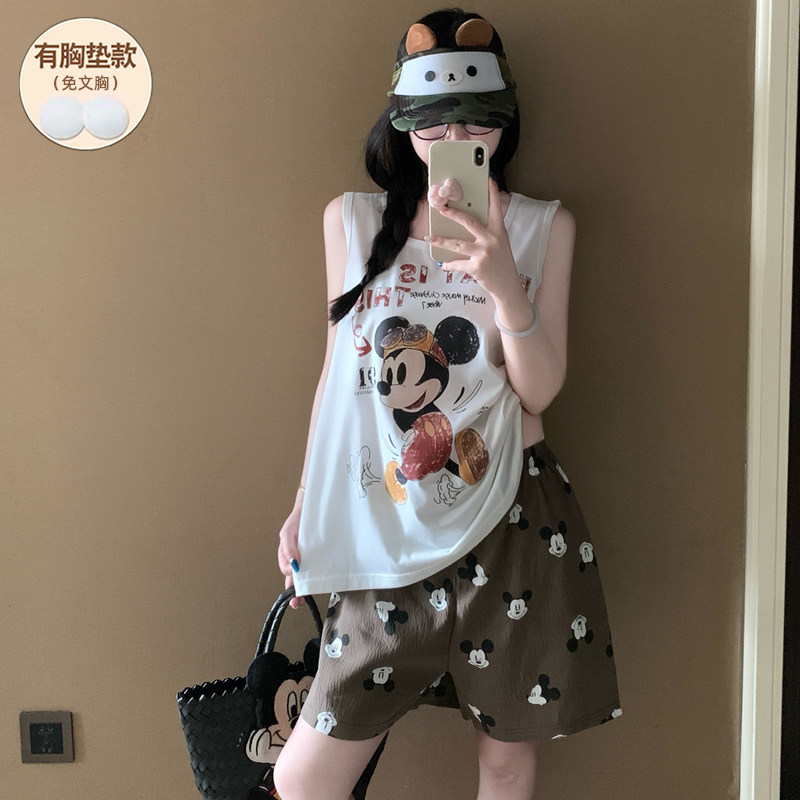 2026新款米奇睡衣女款夏纯棉带胸垫背心短裤卡通少女家居服网红风