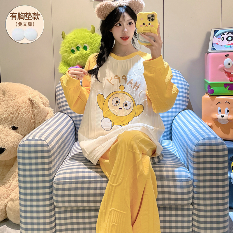 秋冬季睡衣女款长袖空气棉夹层