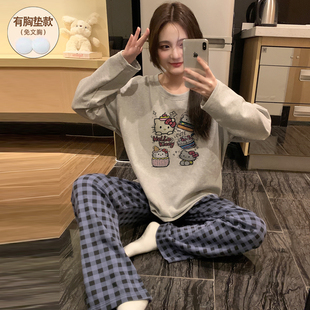 可爱KT猫睡衣女款春秋季纯棉带胸垫长袖2025新款卡通款套装初中生