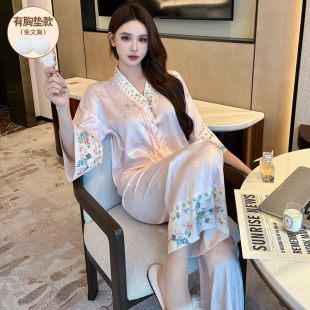 新中式国风仿真丝绸冰丝睡衣女款夏短袖长裤带胸垫2026年新款套装