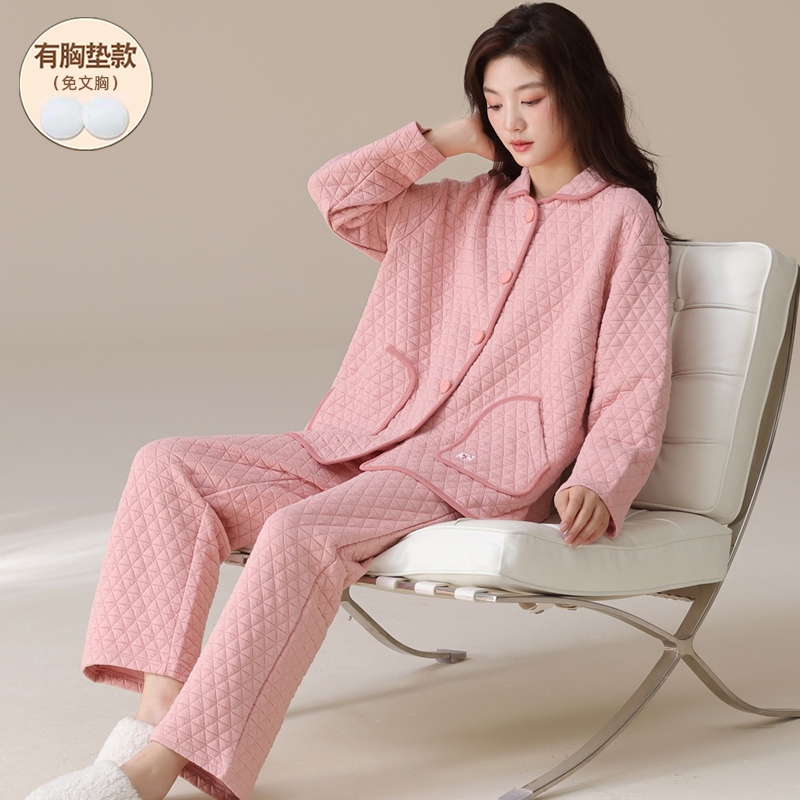冬季睡衣女款长袖休闲空气棉夹层