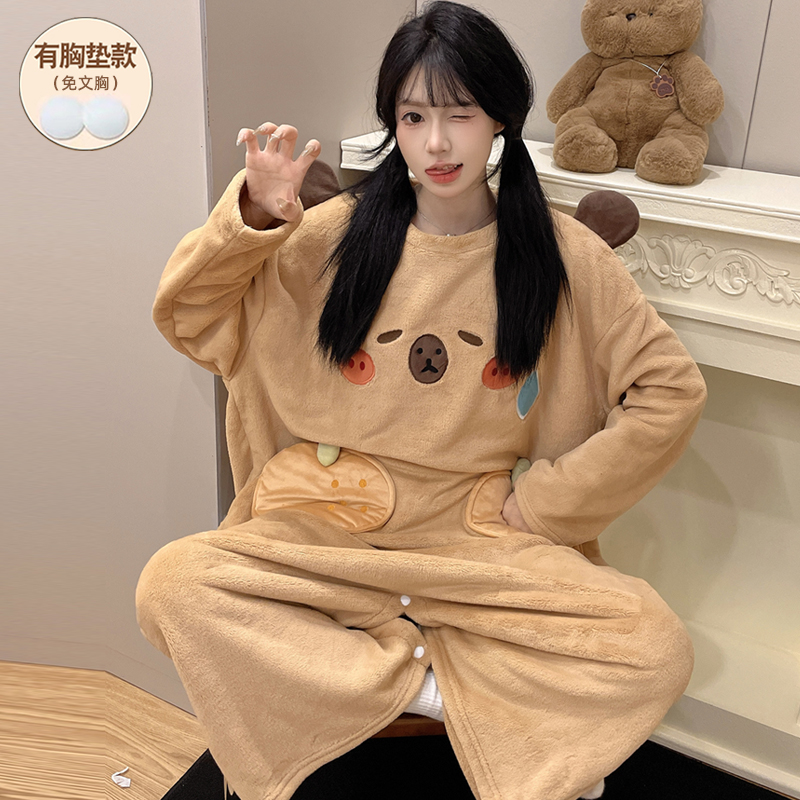 连体睡衣女冬季海岛绒加厚带胸垫