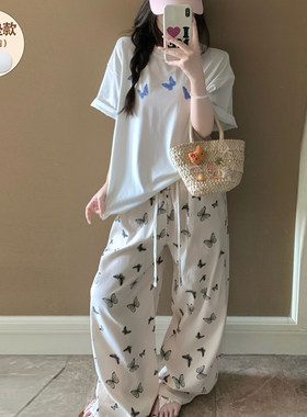 纯棉短袖长裤睡衣女款夏带胸垫