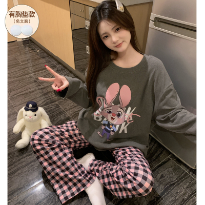 带胸垫睡衣女款秋冬季德绒加厚