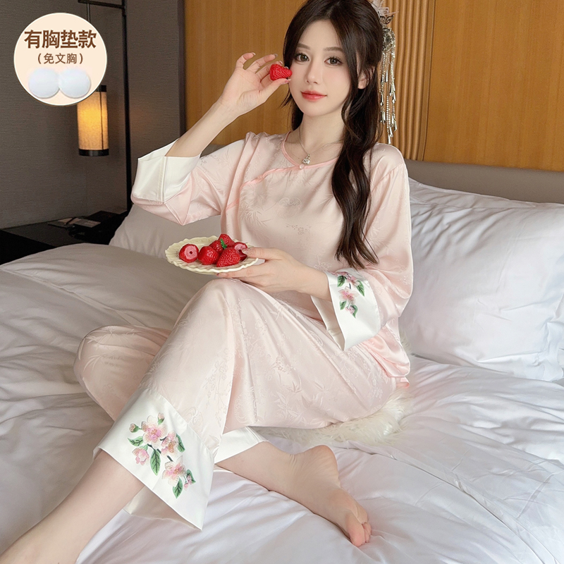 高级感新中式睡衣女夏款仿真丝绸
