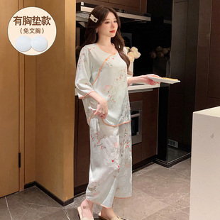 家居服国风八分裤 睡衣女夏款 套装 仿真丝绸新中式 高级感冰丝短袖