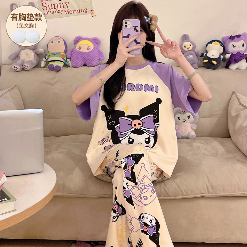 睡衣女款夏带胸垫纯棉短袖可外穿