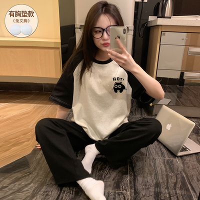 睡衣女款夏带胸垫纯棉短袖可外穿